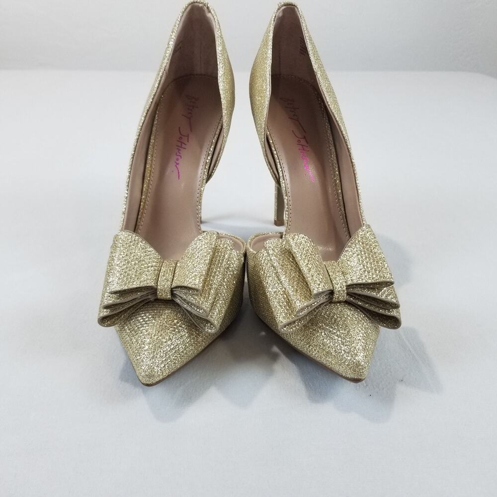 Betsey Johnson Heels Prince Womens 8.5 Glitter Gold 4" Heels Stilettos Bow - Picture 2 of 7